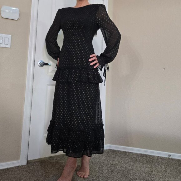 Anthropologie Dresses & Skirts - BNWT  endless rose Metallic Dot Long Sleeve Chiffon Midi dress in Black Size S